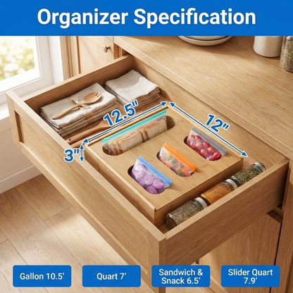 Bamboo Ziplock Bag Organizer for Kitchen Drawer, 4 Slot Storage Holder Fits Gallon Quart Sandwich Snack Bags