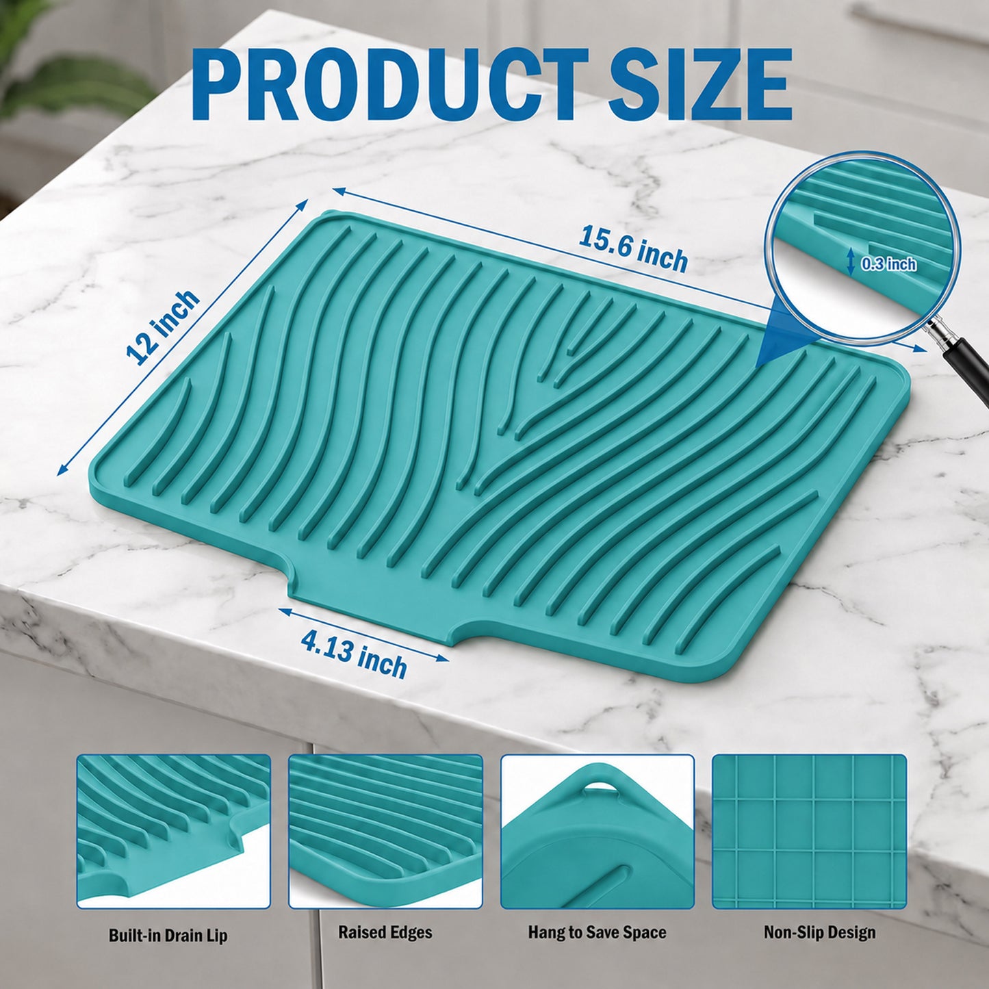 Silicone Dish Drying Mat for Kitchen Counter or Sink, Non-Slip Dish Drainer Mat with Built-in Drain, Heat Resistant Drying Pad, Peacock Blue