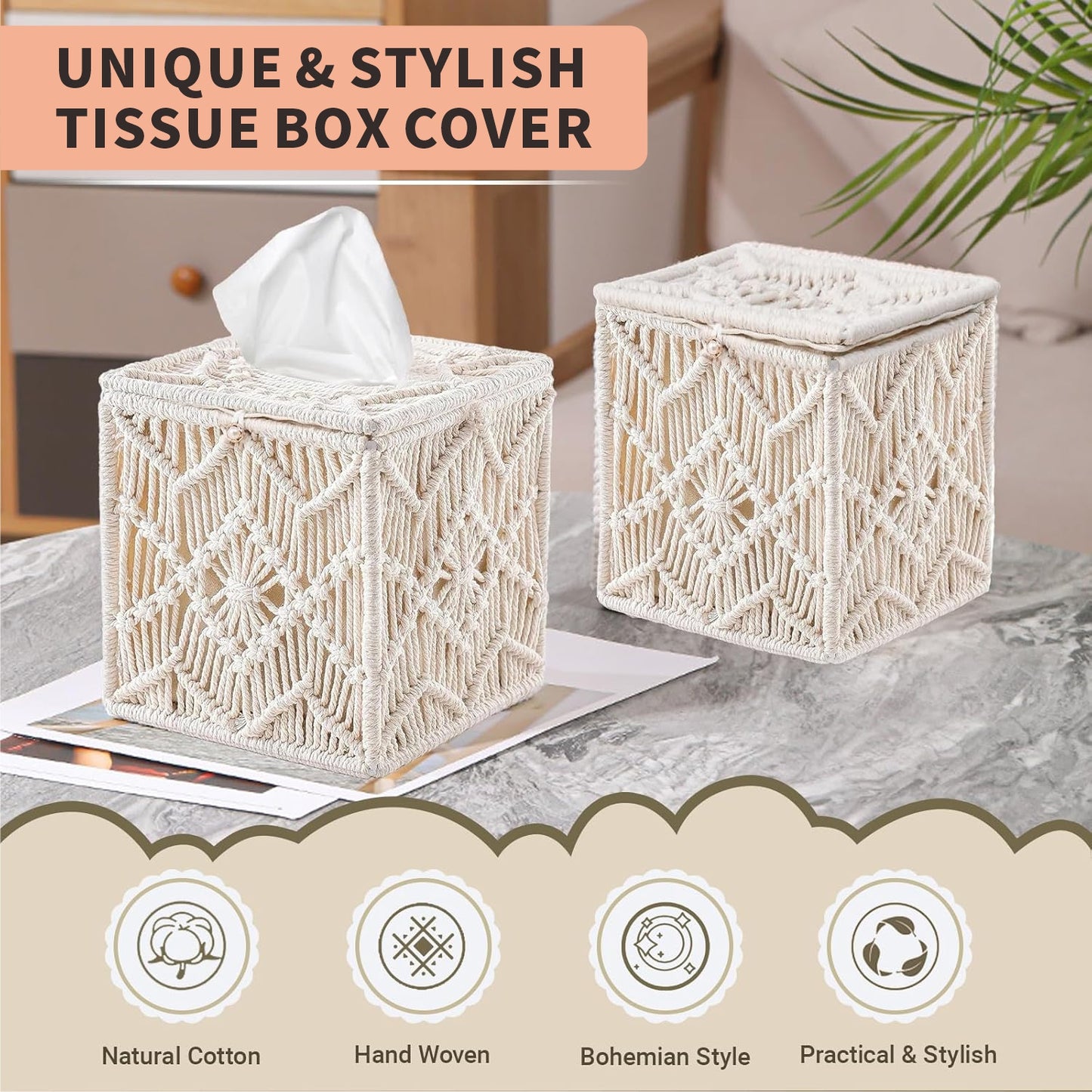 Tissue Box Cover, Square Tissue Box Holder, Bohemian Handmade Woven Boho Decor Tissue Organizer for Bathroom, Living Room, Kitchen (1-Pack)