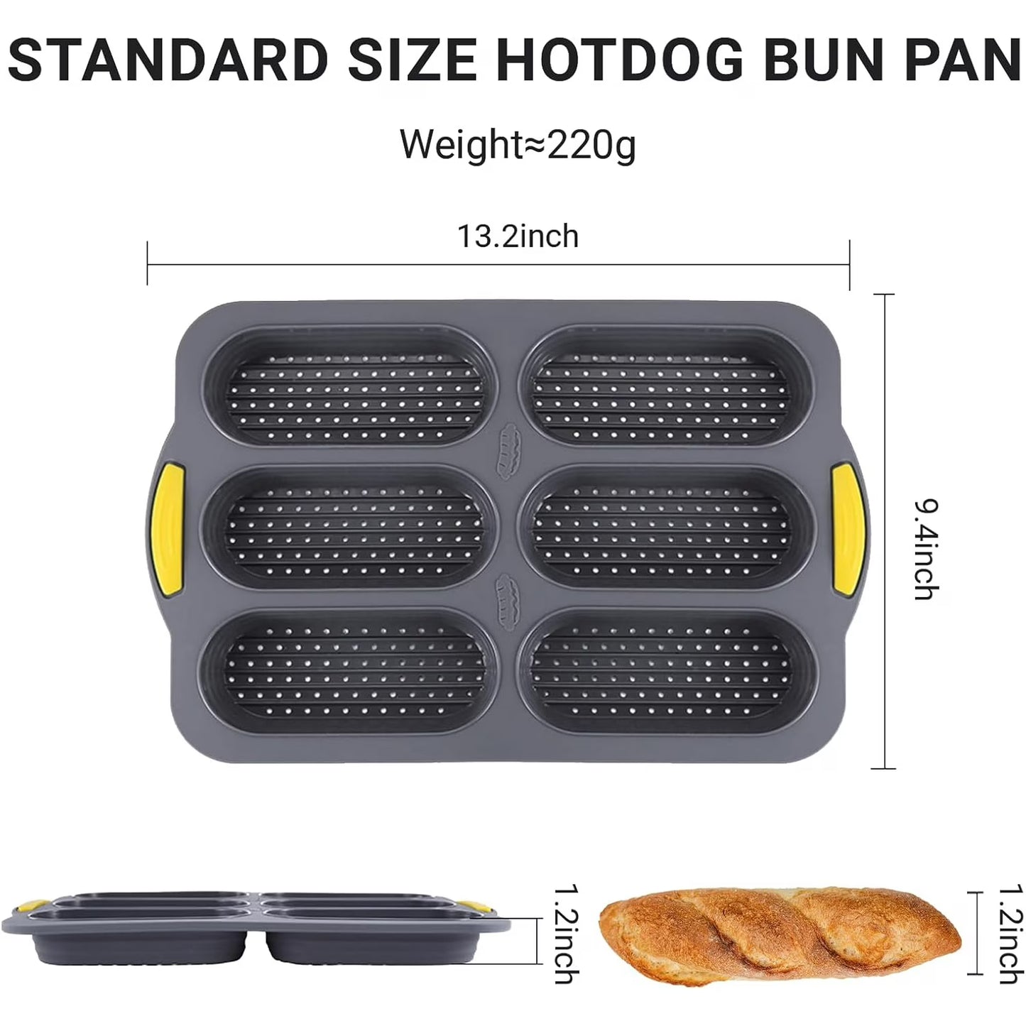 6-Cavity Silicone Baguette Pan, Nonstick French Bread & Hot Dog Bun Mold, Foldable Baking Pan for Hoagie Rolls, Easy Release, Dishwasher Safe, 1 Pack, Gray