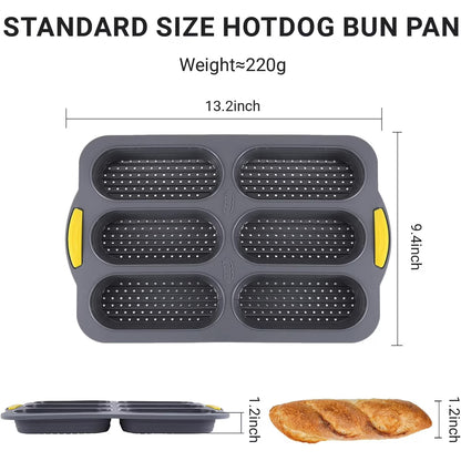 6-Cavity Silicone Baguette Pan, Nonstick French Bread & Hot Dog Bun Mold, Foldable Baking Pan for Hoagie Rolls, Easy Release, Dishwasher Safe, 1 Pack, Gray