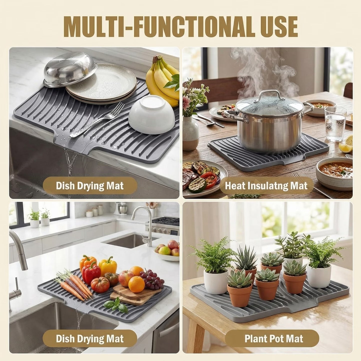 Silicone Dish Drying Mat for Kitchen Counter or Sink, Non-Slip Dish Drainer Mat with Built-in Drain, Heat Resistant Drying Pad, Grey