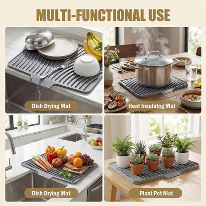 Silicone Dish Drying Mat for Kitchen Counter or Sink, Non-Slip Dish Drainer Mat with Built-in Drain, Heat Resistant Drying Pad, Grey
