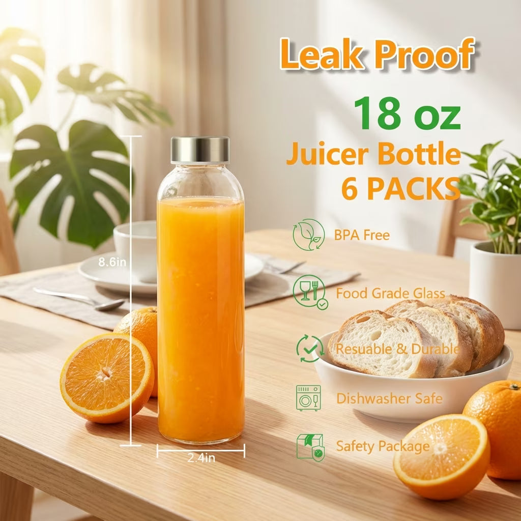 6 PCS 18oz Clear Glass Bottles with Lids,Airtight Glass Drinking Bottles with Leak-Resistant Caps & Anti-Slip Bottom,Reusable Leakproof Juice Bottles for Refrigerator
