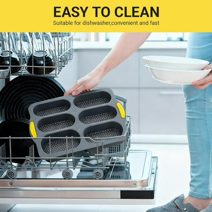 6-Cavity Silicone Baguette Pan, Nonstick French Bread & Hot Dog Bun Mold, Foldable Baking Pan for Hoagie Rolls, Easy Release, Dishwasher Safe, 1 Pack, Gray
