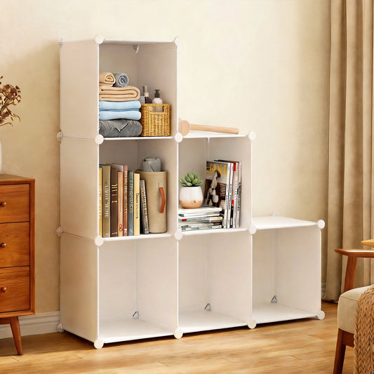 Cube Storage Organizer 6 Cube, Stackable Closet Organizer Storage Shelves, Plastic Storage Shelving Units and Storage Cubes for Clothes Books Toys, Bedroom Living Room Dorm, White