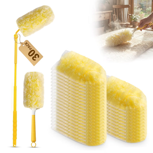 30 Pack Microfiber Duster Refills, Unscented Replacement Heads Compatible with Most Duster, Includes Standard Grip and 3-Foot Extension Pole, Versatile Dusters for Multisurface