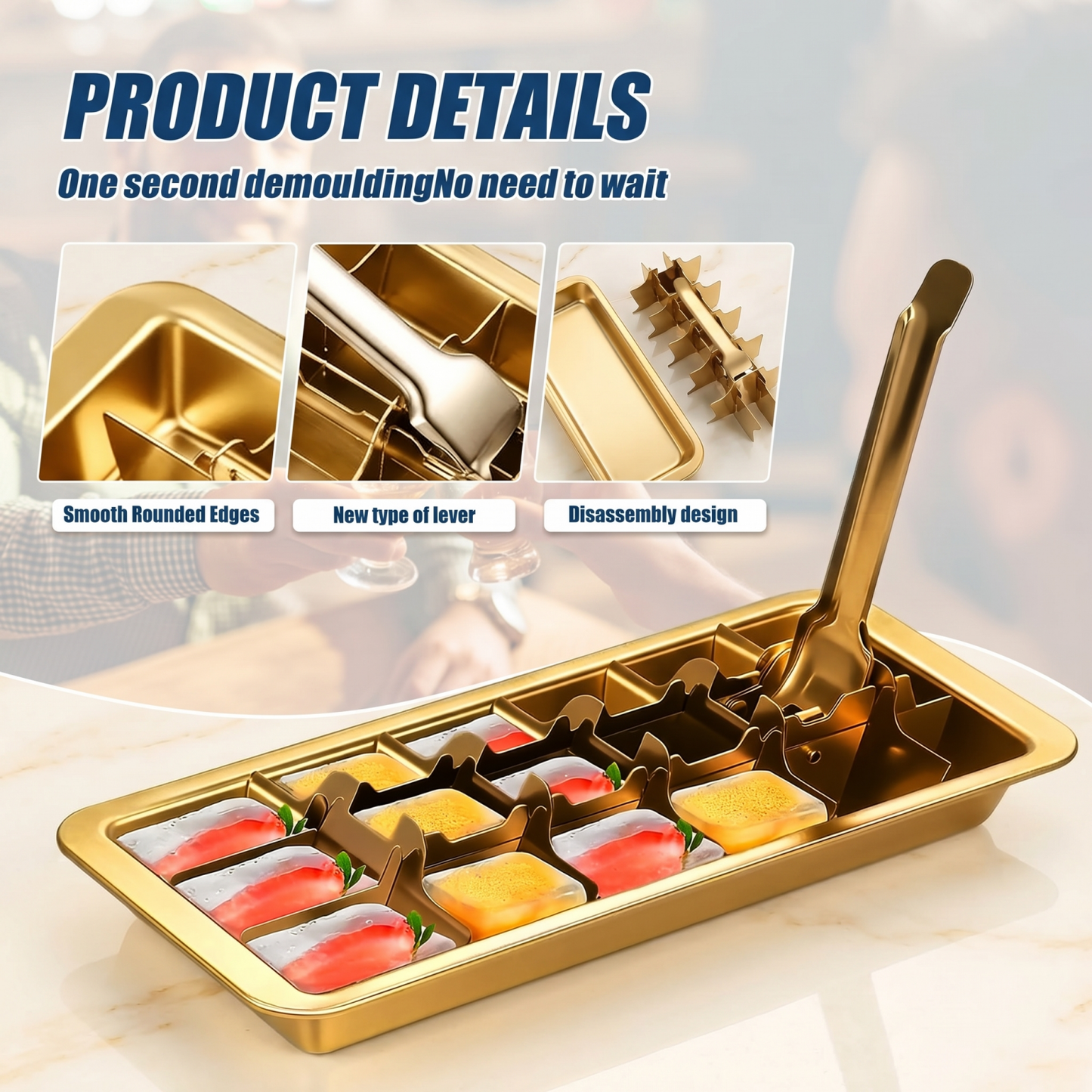 18-Slot Stainless Steel Ice Tray in Gold Finish — Metal Freezer Mold with Lever Handle for Whiskey & Cocktails