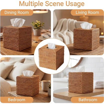 Rattan Tissue Box Cover, Natural Woven Wicker Tissue Box Holder, Square Boho Decorative Facial Tissue Holder for Bathroom, Living Room, Kitchen or Desk, 5.5 x 5.5 x 5.9 Inch