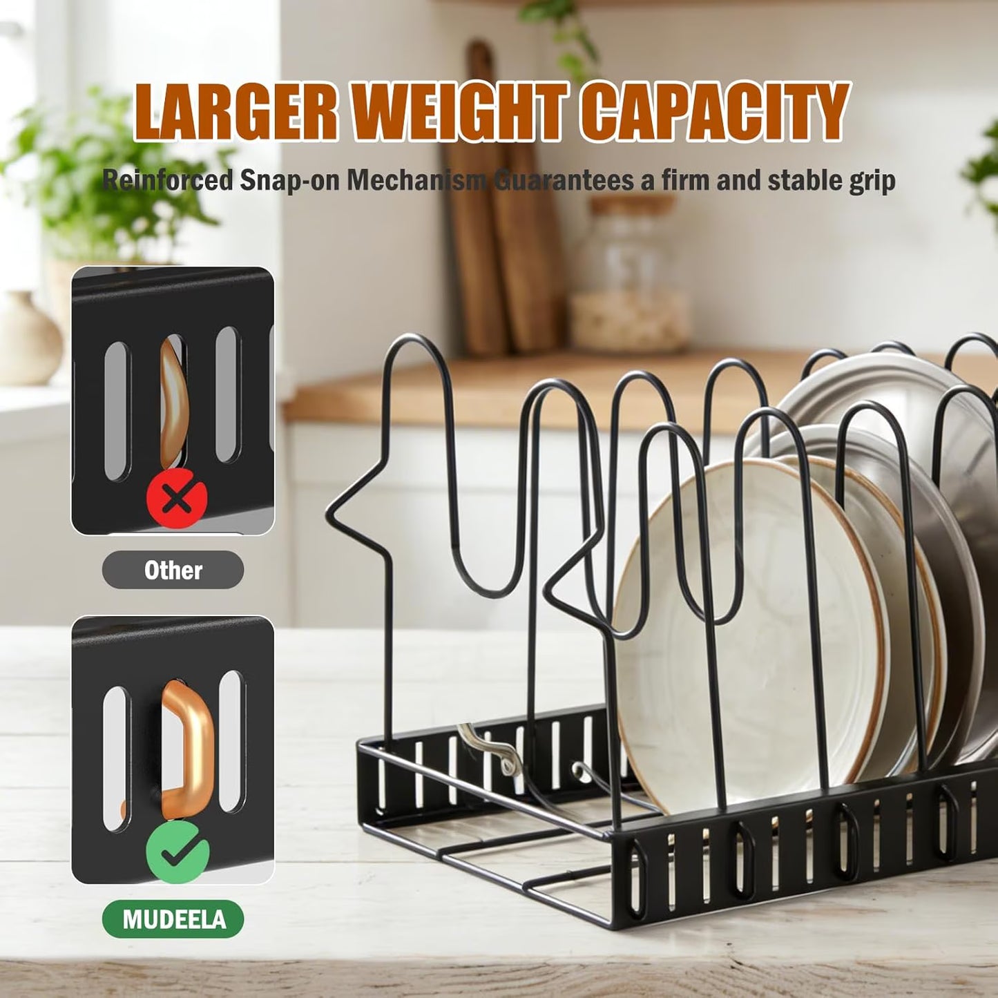 Expandable Pot Lid Organizer for Cabinet, 12"-23" Adjustable Pots & Pans Lid Rack with 8 Dividers, Under Cabinet Storage for Bakeware, Cutting Boards & Lids, Black