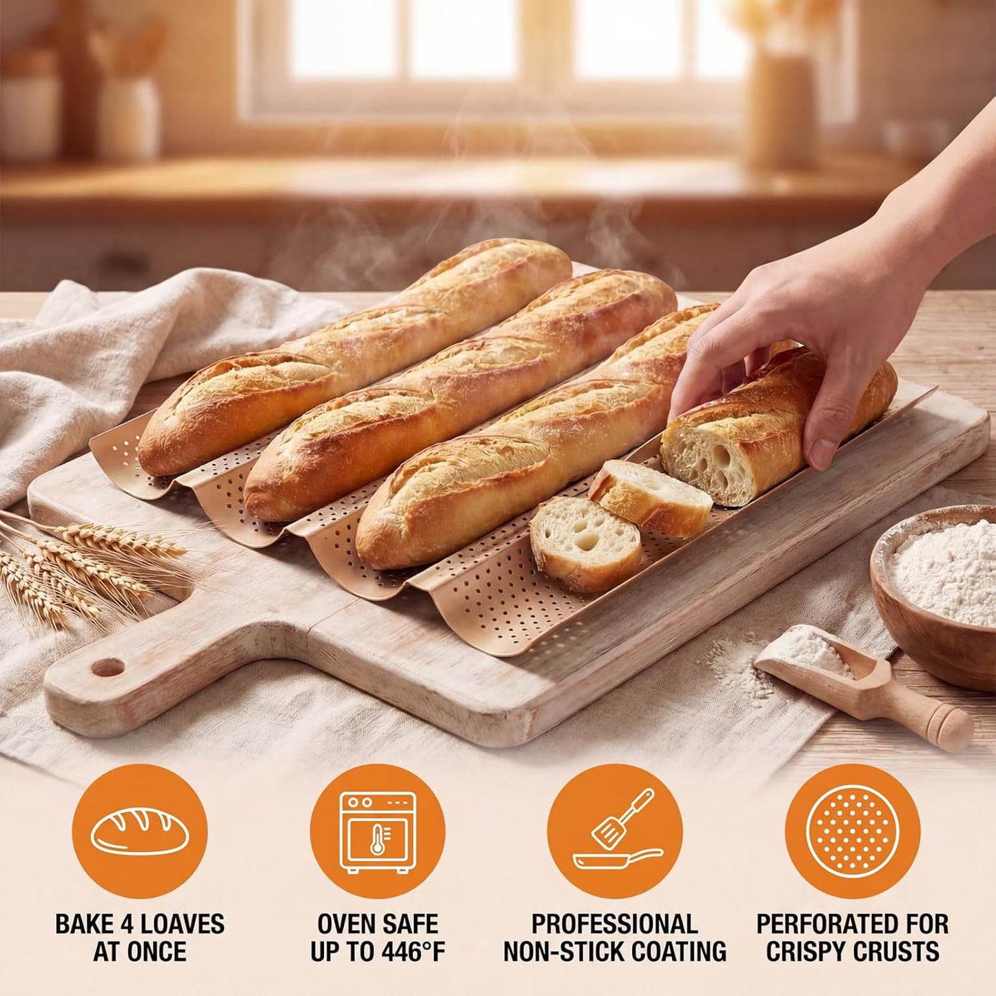 2 Pack Baguette Baking Pan, 4 Loaf Perforated Nonstick French Bread Pan with Proofing Cloth, for Sourdough & Italian Bread, Crisp Crust Bakeware, 15" x 13"