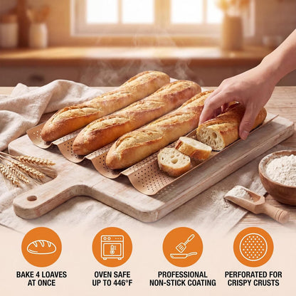 2 Pack Baguette Baking Pan, 4 Loaf Perforated Nonstick French Bread Pan with Proofing Cloth, for Sourdough & Italian Bread, Crisp Crust Bakeware, 15" x 13"