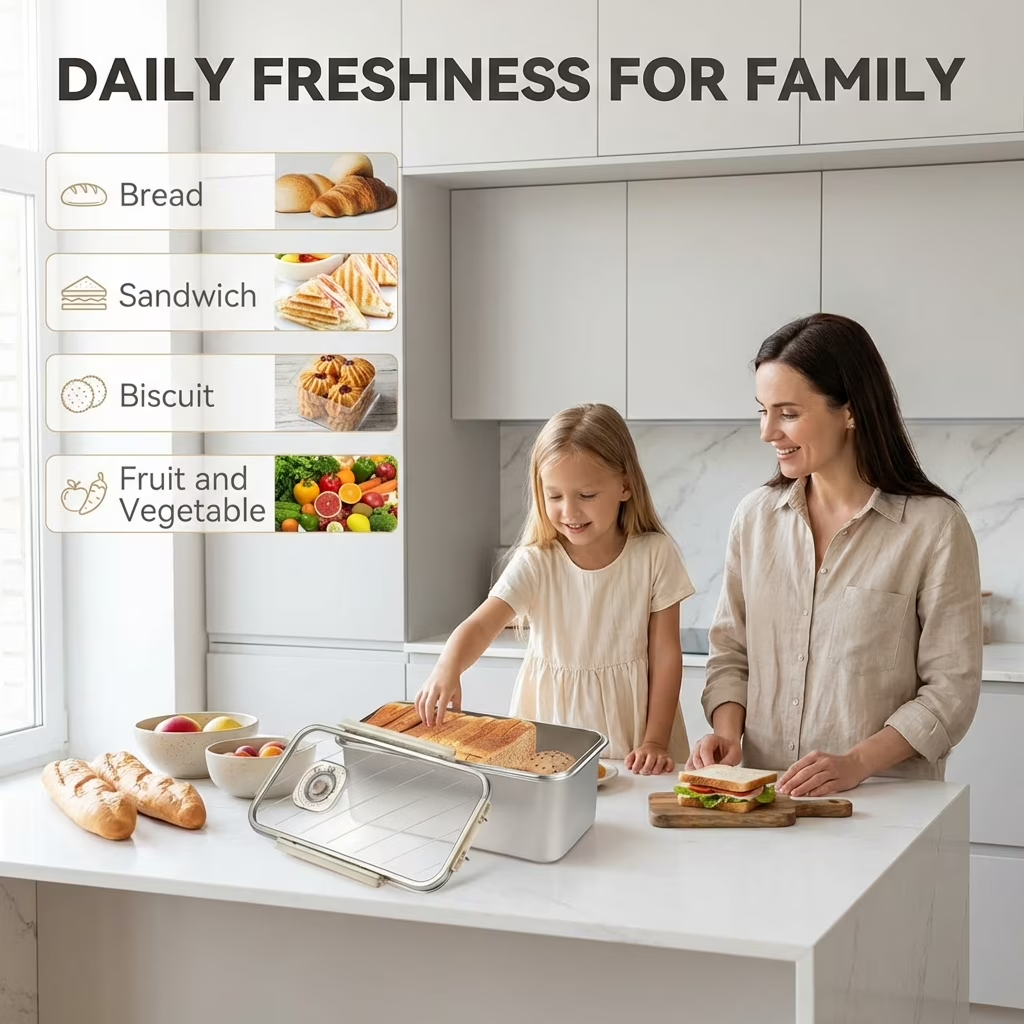 Time Recording Bread Storage Container with Clear Lid, Stainless Steel Bread Box for Kitchen Counter, Ideal for Storing Homemade Bread, Vegetables, Cookies and Fruit (Silver)