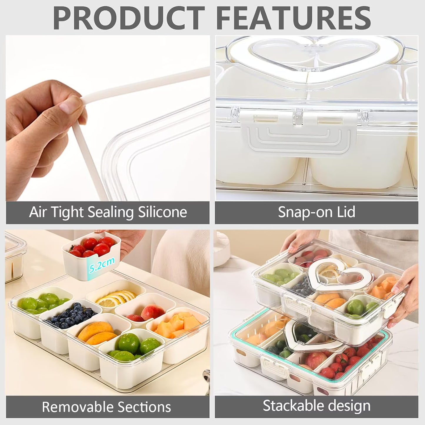 Snackle Box – 8 Compartment Divided Serving Tray with Lid, Handle, 4 Gold Forks, Portable