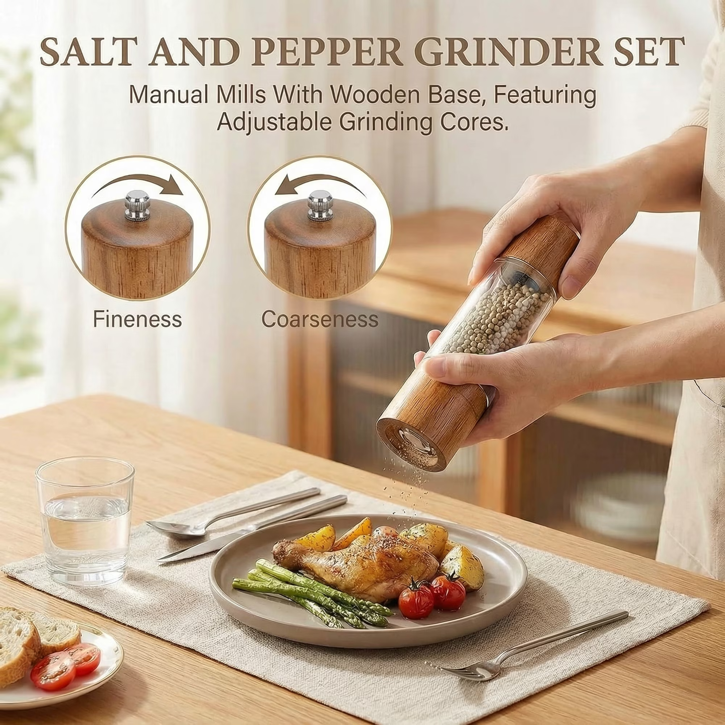 2 Piece Wood Salt Pepper Grinder Set 8 Inch Manual Refillable, Adjustable Ceramic Grinding Core with Serving Tray for Kitchen