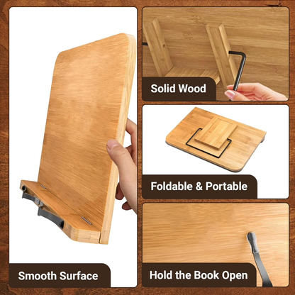 Large Bamboo Book Stand, 11'' x 15'' Portable Stable Adjustable Height Reading Book Holder for Cookbook, Sheet Music, Bible, Textbook and Tablet