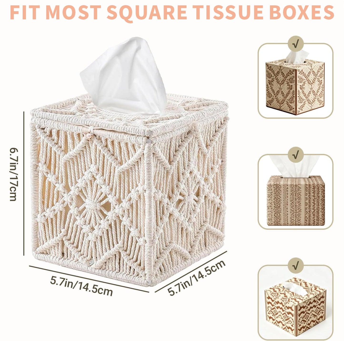 Tissue Box Cover, Square Tissue Box Holder, Bohemian Handmade Woven Boho Decor Tissue Organizer for Bathroom, Living Room, Kitchen (1-Pack)