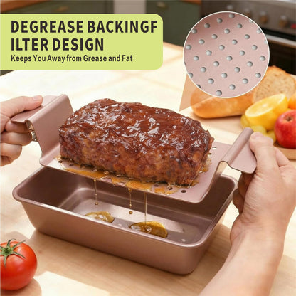 Meatloaf Pan with Drain Tray, Nonstick 9x5 Loaf Pan with Convenient Lift Serve Function, Ideal for Meatloaf & Bread Baking (Rose Gold)