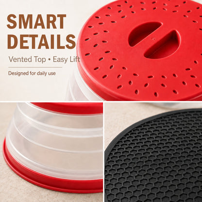 Collapsible Microwave Food Cover, Microwave Splatter Guard with Steam Vent, Dishwasher Safe Kitchen Plate Cover, 2 Pack Red