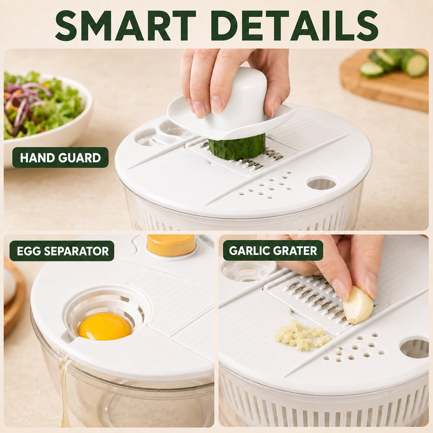 Large Salad Spinner and Slicer, 5.3 Qt 3-in-1 Vegetable Fruit Wash Bowl, Lettuce Washer with 5-Blade Slicer & Egg Yolk Strainer for Fast Salad Prep (White)