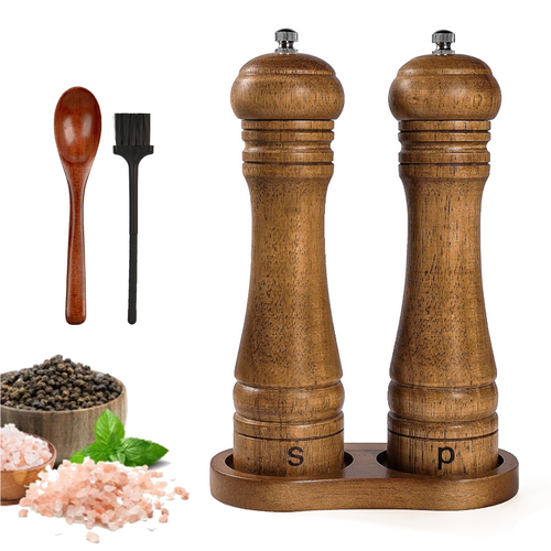 Wooden Salt and Pepper Grinder Set, Refillable Salt & Pepper Mill with Tray & Spoons, Adjustable Rubber Wood Salt & Pepper Shakers Holder with Ceramic Grinder