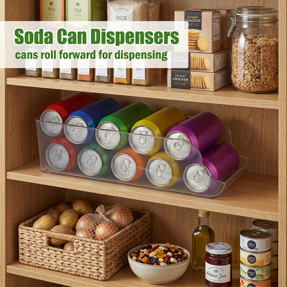 2-Pack Clear Soda Can Organizer, Plastic Beverage Dispenser Rack for Kitchen Cabinets, Drink Holder Bins for Refrigerator Organizers and Storage