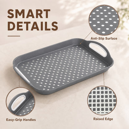 Non Slip Serving Tray with Handles, Rubber Gripped Lap Food Trays for Eating, Dishwasher Safe, Ideal for Breakfast, Snack, Fruit, Dessert, Beverage & Dinner (1 pack Grey)