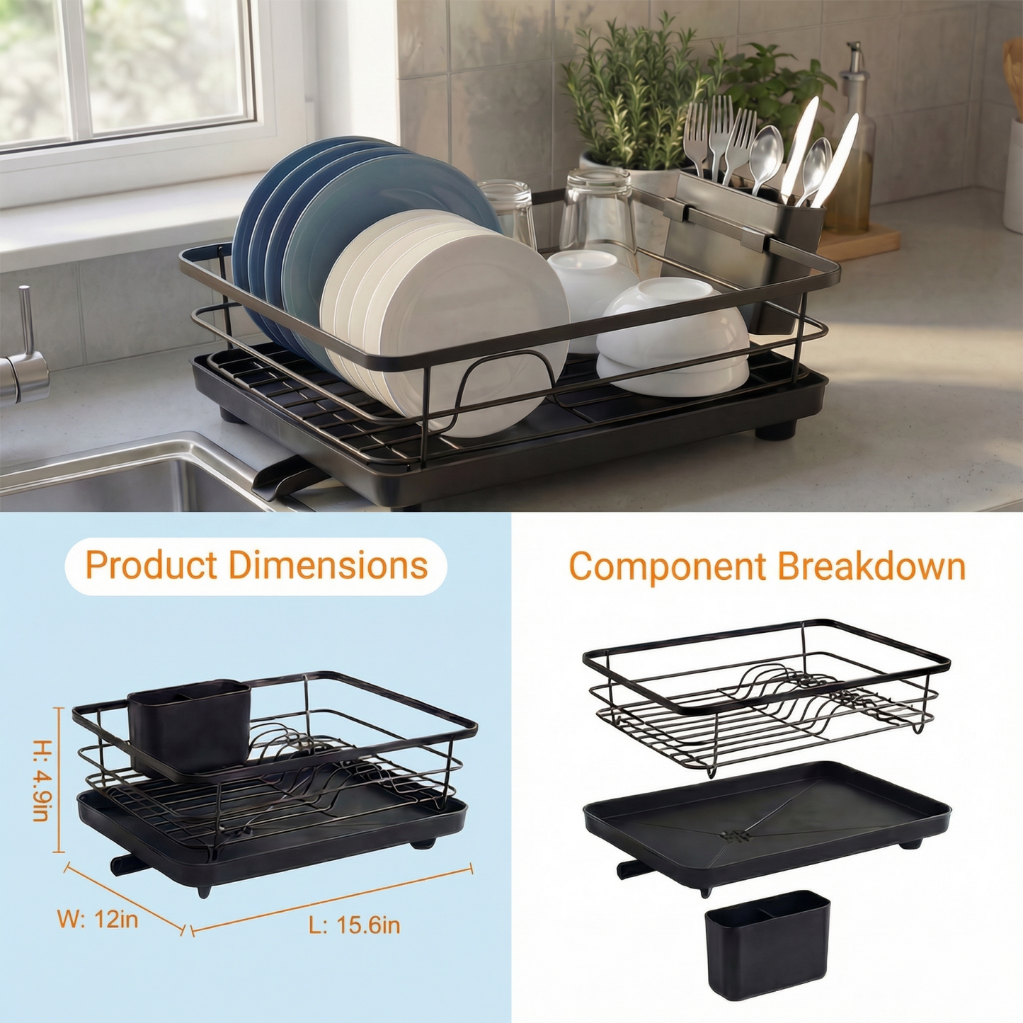 Metal Dish Drying Rack for Kitchen Counter (16.5" × 12") — Rust-Resistant Coated Steel with Removable Utensil Holder & Swivel Drainboard, Black