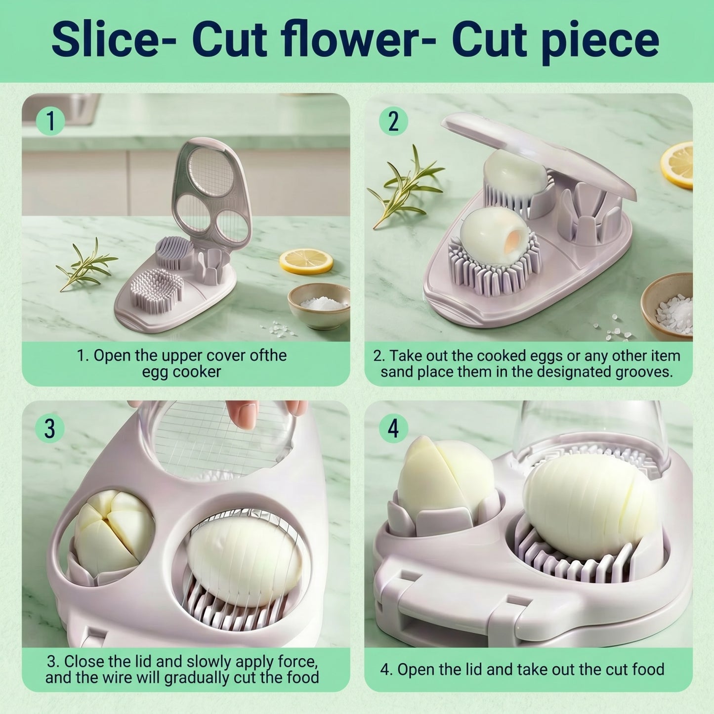 3-Mode Egg Slicer with Stainless Steel Blades — Cutter for Hard-Boiled Eggs, Strawberries & Soft Foods, Integrated Catch Tray