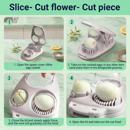 3-Mode Egg Slicer with Stainless Steel Blades — Cutter for Hard-Boiled Eggs, Strawberries & Soft Foods, Integrated Catch Tray