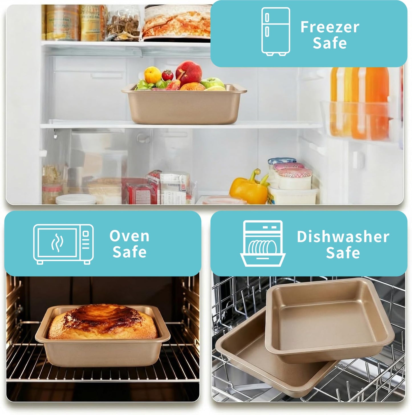 Square Cake Pan 2 Pack 8 Inch Nonstick Baking Pan for Cake, Brownie & Lasagna, Rust-Resistant, Dishwasher Safe & Easy Clean (Golden)