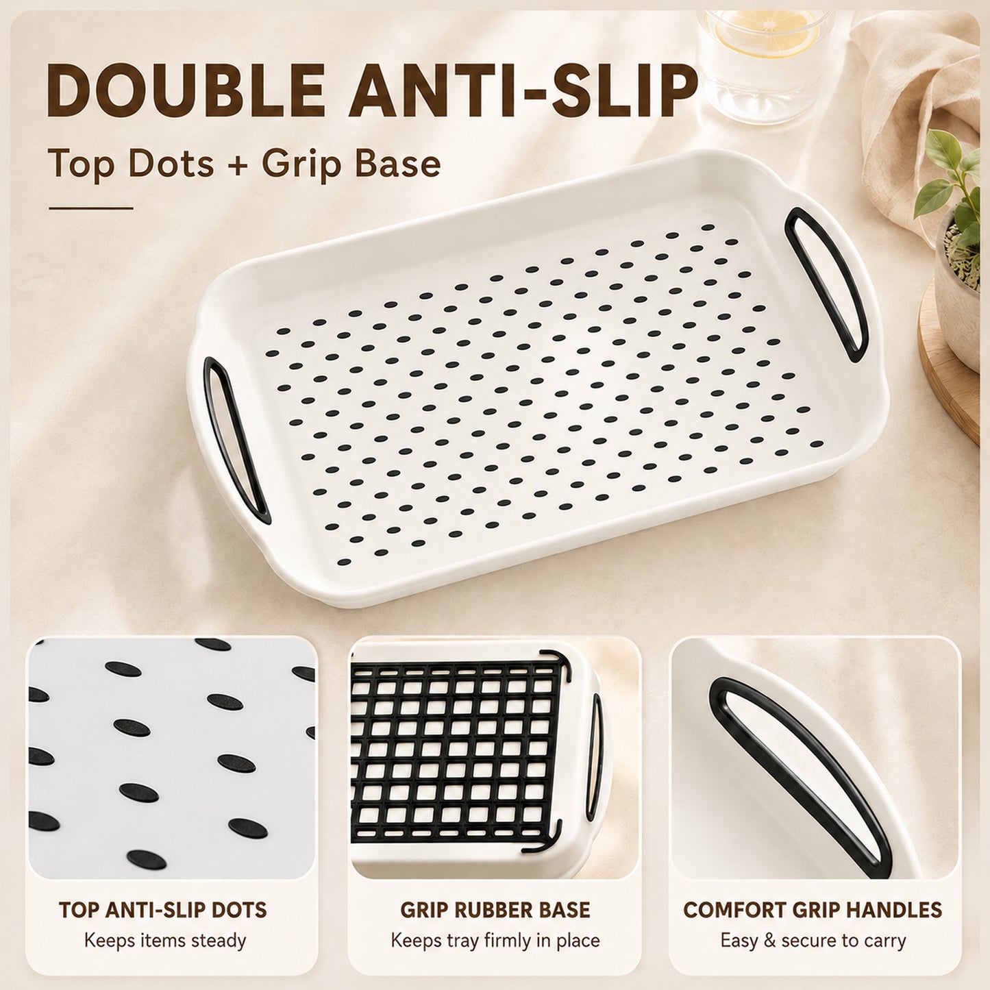 Non Slip Serving Tray with Handles, Rubber Gripped Lap Food Trays for Eating, Dishwasher Safe, Ideal for Breakfast, Snack, Fruit, Dessert, Beverage & Dinner (2 pack White)