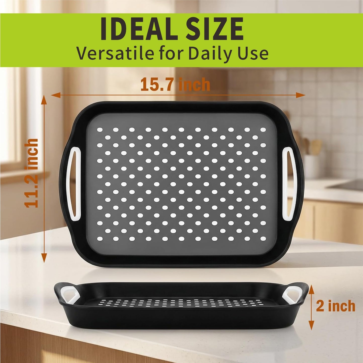 Non Slip Serving Tray with Handles, Rubber Gripped Lap Food Trays for Eating, Dishwasher Safe, Ideal for Breakfast, Snack, Fruit, Dessert, Beverage & Dinner (Large Black)