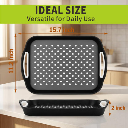 Non Slip Serving Tray with Handles, Rubber Gripped Lap Food Trays for Eating, Dishwasher Safe, Ideal for Breakfast, Snack, Fruit, Dessert, Beverage & Dinner (Large Black)