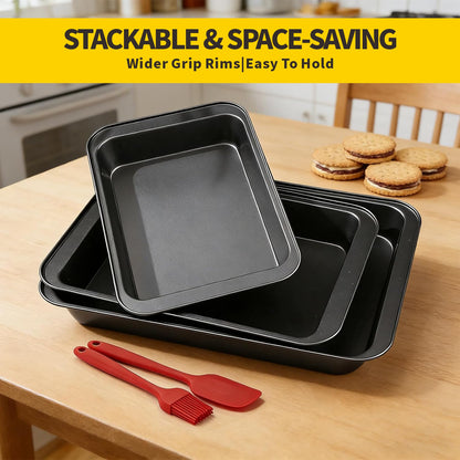 Baking Sheet Pan Set, Nonstick Stackable Multi-Depth Oven Bakeware, Black Rectangle Baking Pans, Rust & Warp Proof, Easy Clean (3-Piece)
