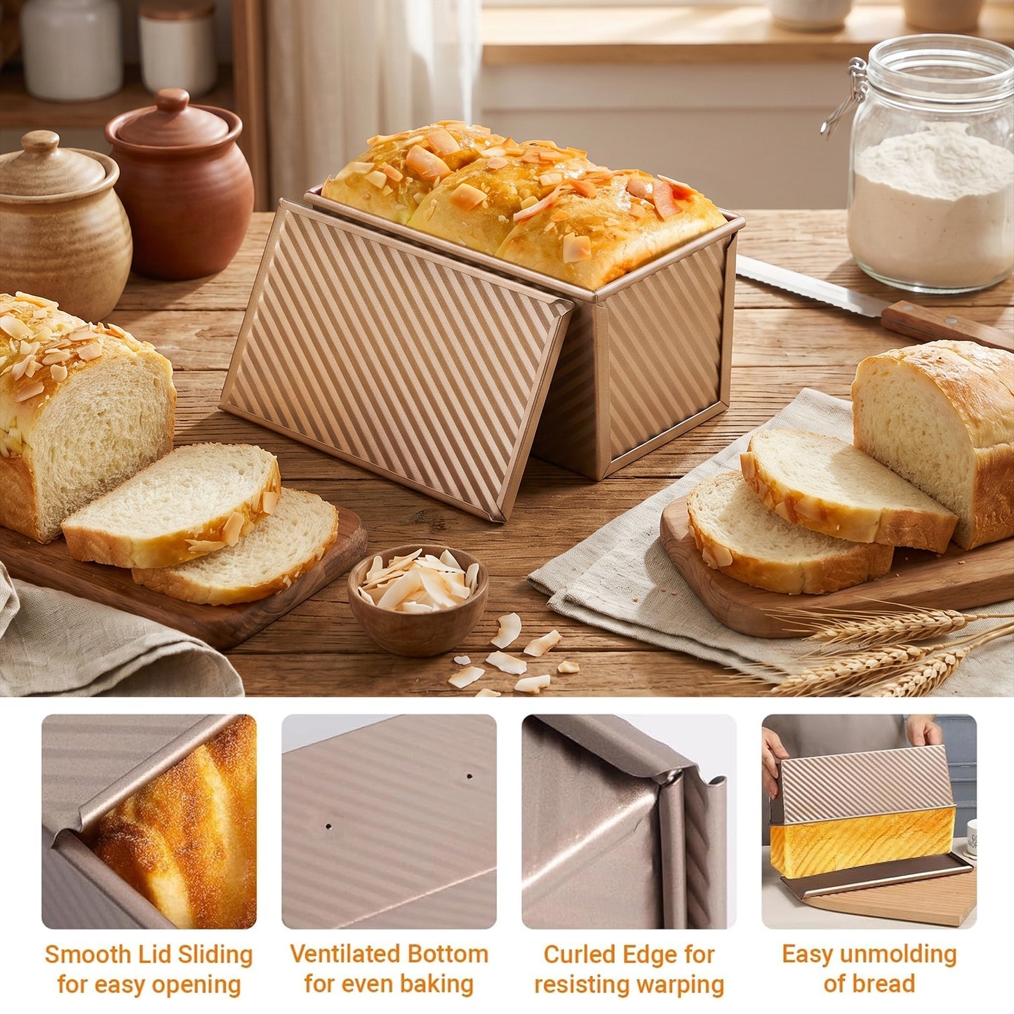 3-Pack Pullman Loaf Pan with Lids – Nonstick, 2.2/1/0.8 lb Dough Capacity, Includes 7 Tools