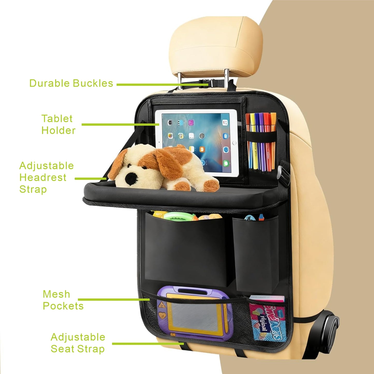 Black Car Backseat Organizer with 10 Storage Pockets & Tablet Holder, Kick Mats Protector for Kids, Perfect for Family Road Trips & Daily Travel Accessorie (2-Pack)
