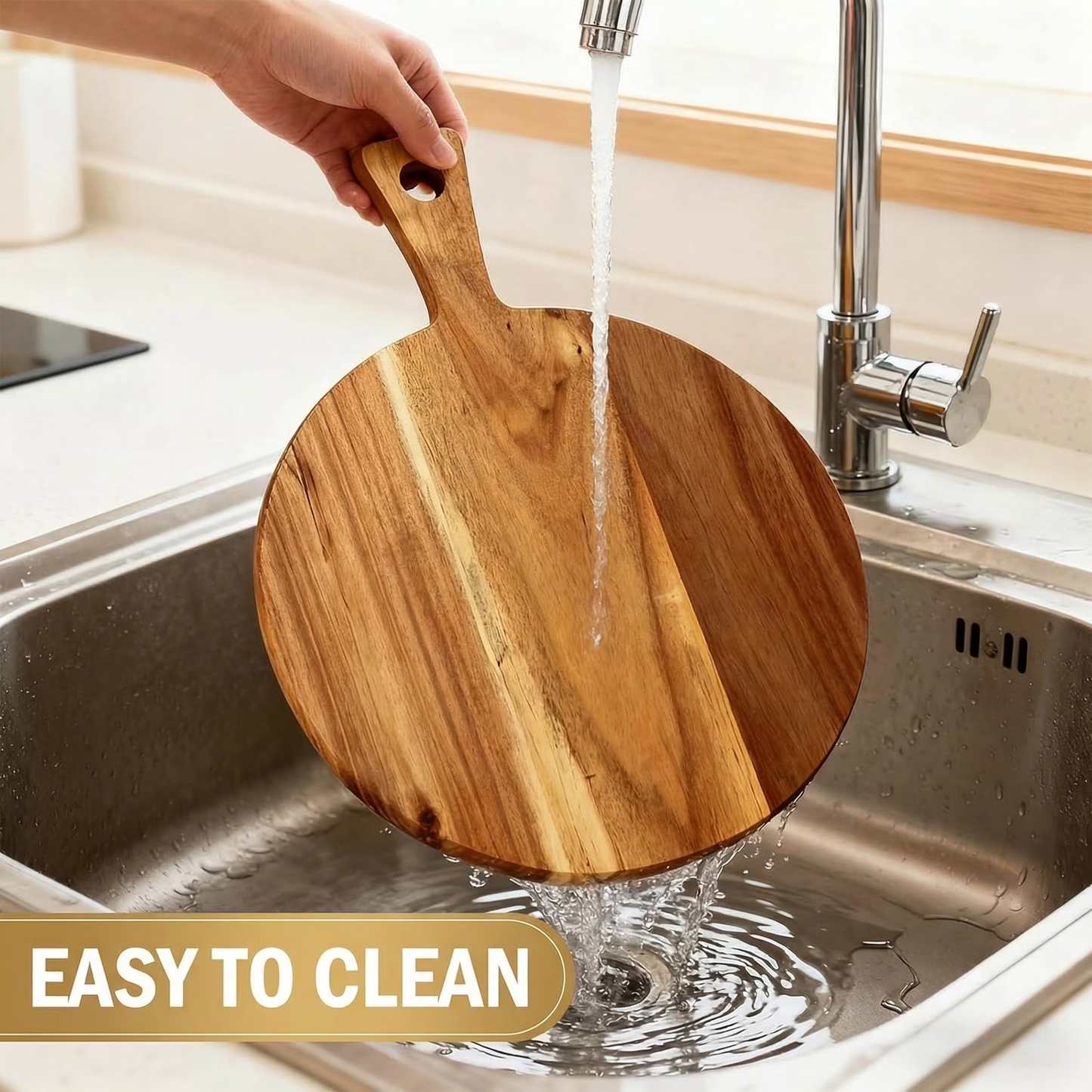 Round Wood Cutting Board, 12 Inch Acacia Wood Charcuterie Board with Handle, Multi-Functional Kitchen Serving Tray for Meat & Bread