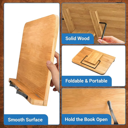 Large Bamboo Book Stand, 11'' x 8'' Portable Stable Adjustable Height Reading Book Holder for Cookbook, Sheet Music, Bible, Textbook and Tablet