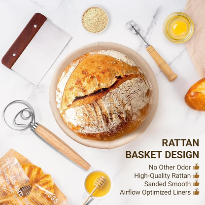 9 Inch Round Sourdough Proofing Basket, 7-Piece Baking Kit with Linen Liner & Tools, Bread Baking Supplies Gift Set