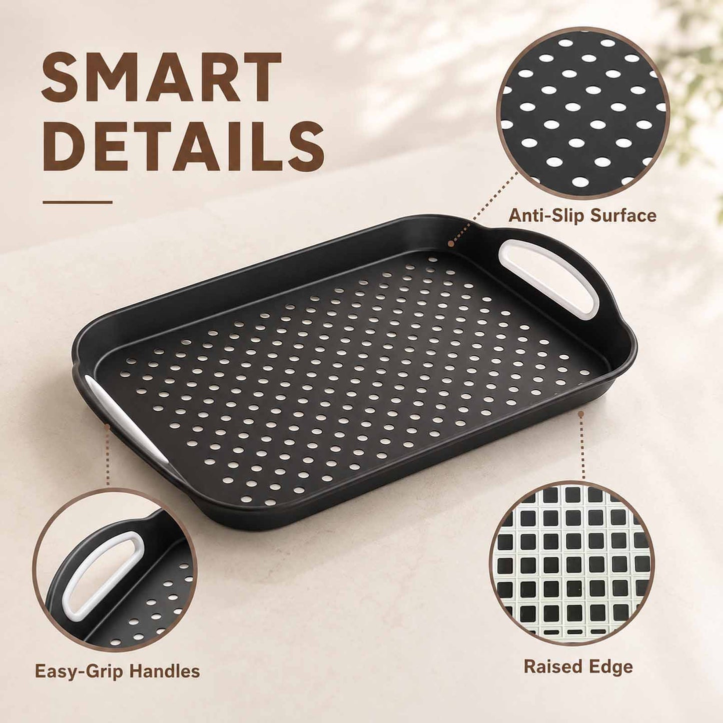Non Slip Serving Tray with Handles, Rubber Gripped Lap Food Trays for Eating, Dishwasher Safe, Ideal for Breakfast, Snack, Fruit, Dessert, Beverage & Dinner (2 pack Black)