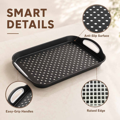 Non Slip Serving Tray with Handles, Rubber Gripped Lap Food Trays for Eating, Dishwasher Safe, Ideal for Breakfast, Snack, Fruit, Dessert, Beverage & Dinner (2 pack Black)