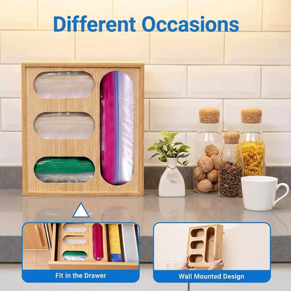 Bamboo Ziplock Bag Organizer for Kitchen Drawer, 4 Slot Storage Holder Fits Gallon Quart Sandwich Snack Bags