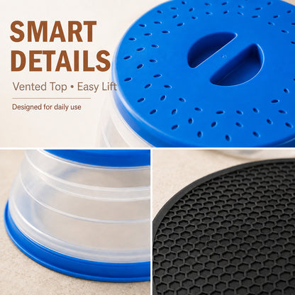 Collapsible Microwave Food Cover, Microwave Splatter Guard with Steam Vent, Dishwasher Safe Kitchen Plate Cover, 2 Pack Blue