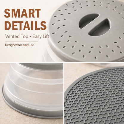 Collapsible Microwave Food Cover, Microwave Splatter Guard with Steam Vent, Dishwasher Safe Kitchen Plate Cover, 2 Pack Grey