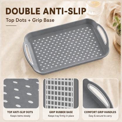 Non Slip Serving Tray with Handles, Rubber Gripped Lap Food Trays for Eating, Dishwasher Safe, Ideal for Breakfast, Snack, Fruit, Dessert, Beverage & Dinner (2 pack Grey)