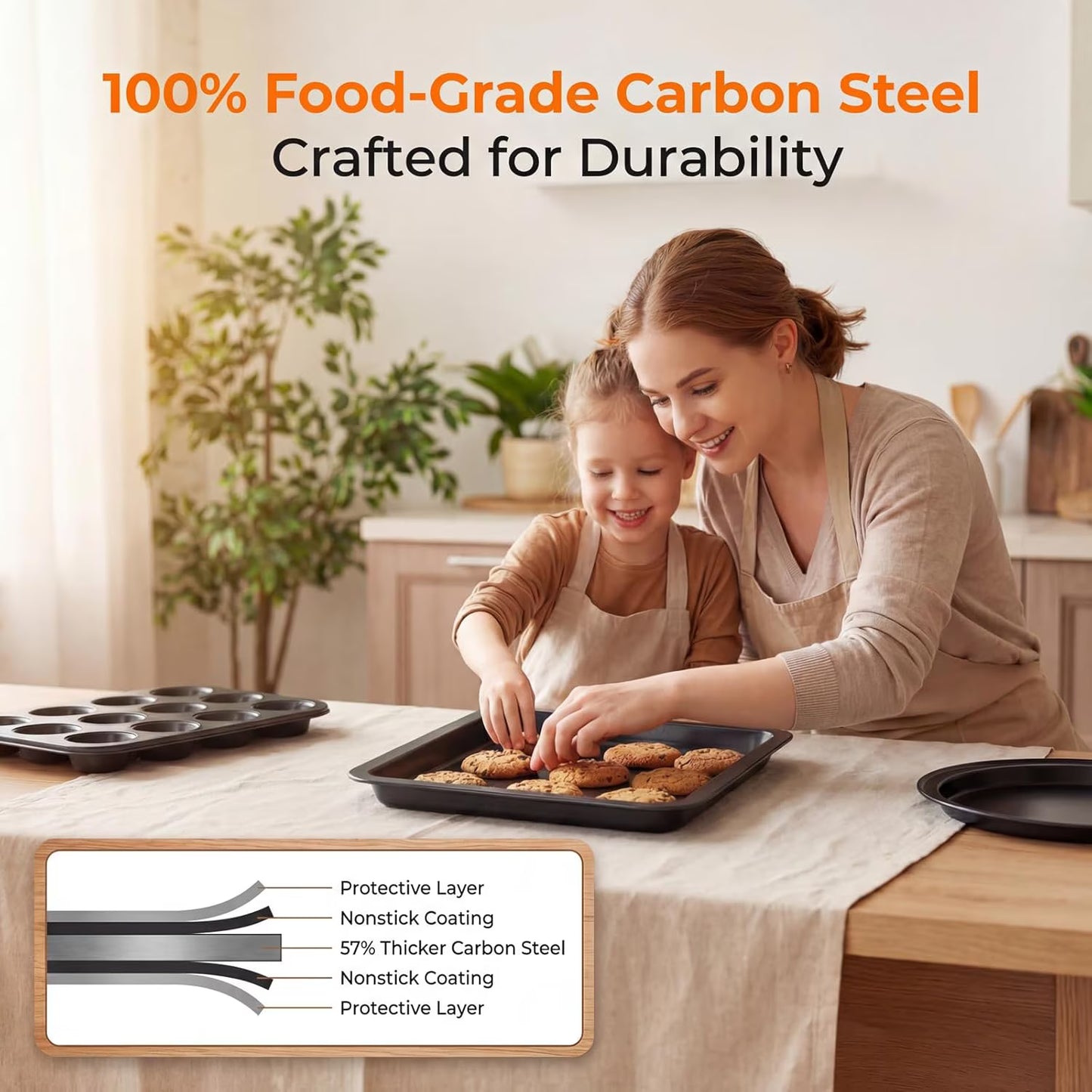 6 Piece Nonstick Bakeware Set, Carbon Steel Baking Pans Including Cookie Sheet, Cake Pan, Loaf Pan, Muffin Pan & Roasting Pan, Oven & Dishwasher Safe