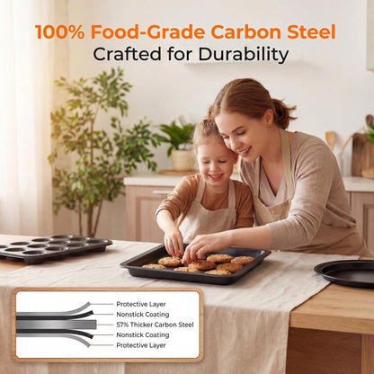 6 Piece Nonstick Bakeware Set, Carbon Steel Baking Pans Including Cookie Sheet, Cake Pan, Loaf Pan, Muffin Pan & Roasting Pan, Oven & Dishwasher Safe