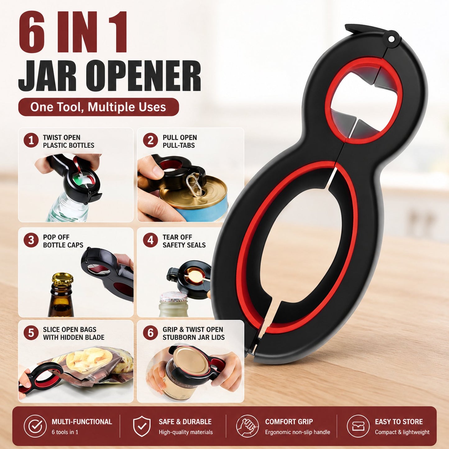 4-Piece Jar Opener Set for Seniors – Non-Slip Rubber Gripper & Multi-Functional Bottle/Can Opener for Arthritis
