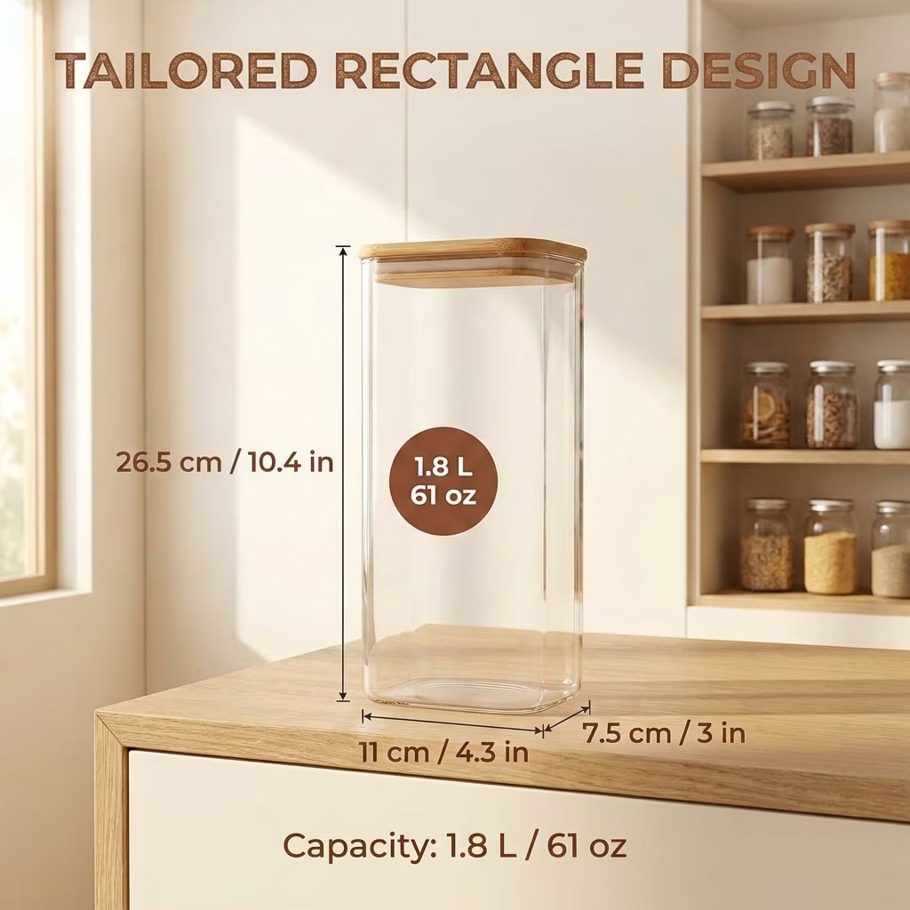 1.9 Qt Rectangle Plastic Food Storage Containers with Airtight Lids, Clear Food Jar,Plastic Jars with Bamboo Lids, Canister Set of 3, Pantry Organizers and Storage for Flour Cereal